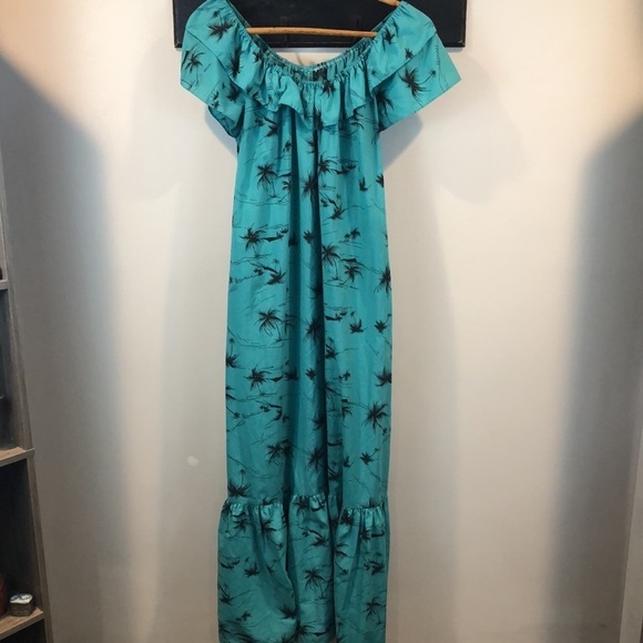 Vintage Hilo Hattie Hawaiian Off Shoulder Teal MuMu Maxi Dress Size Large - Picture 2 of 8